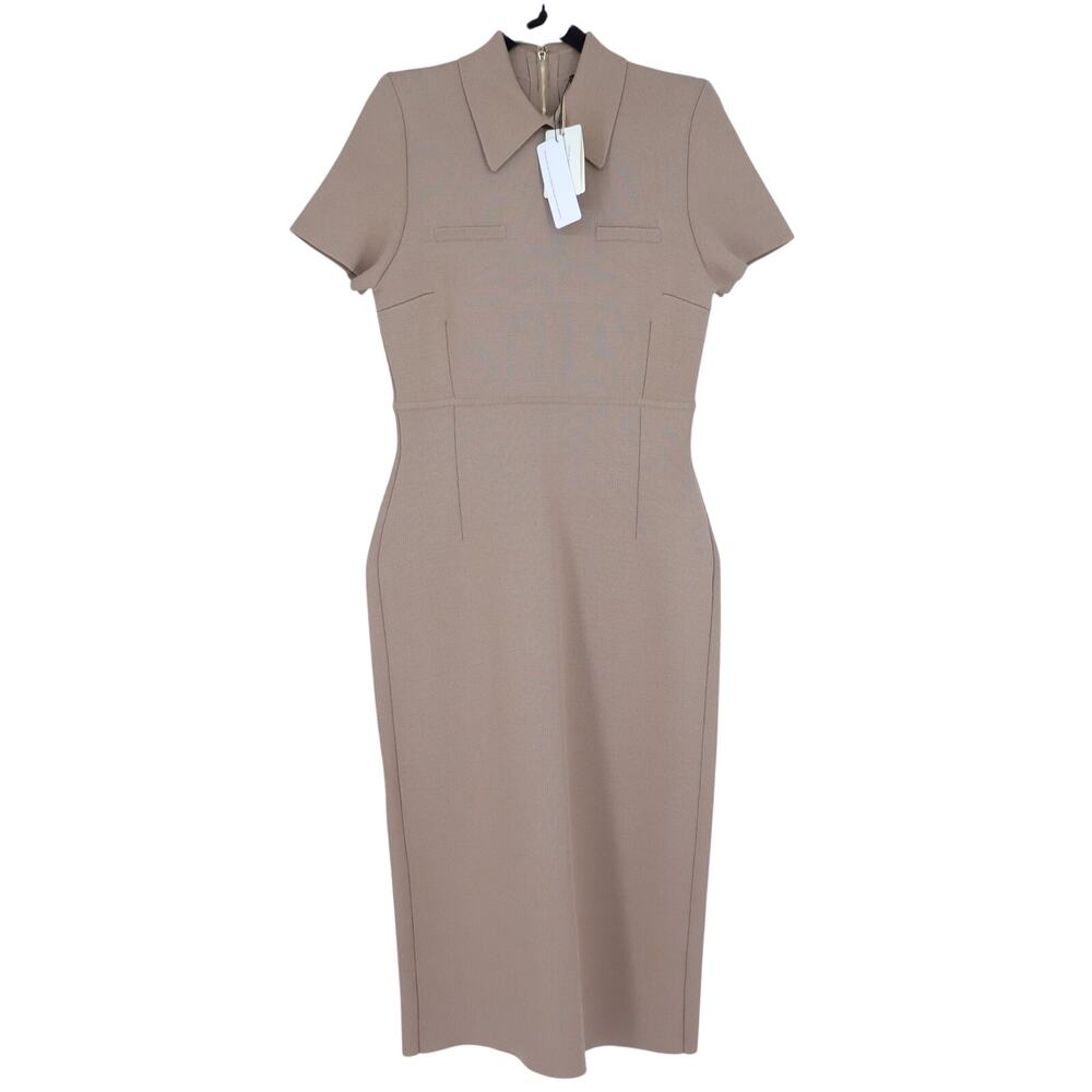 SCANLAN THEODORE Crepe Knit Collar Dress NWT Beige Camel Quiet Luxury Women's L